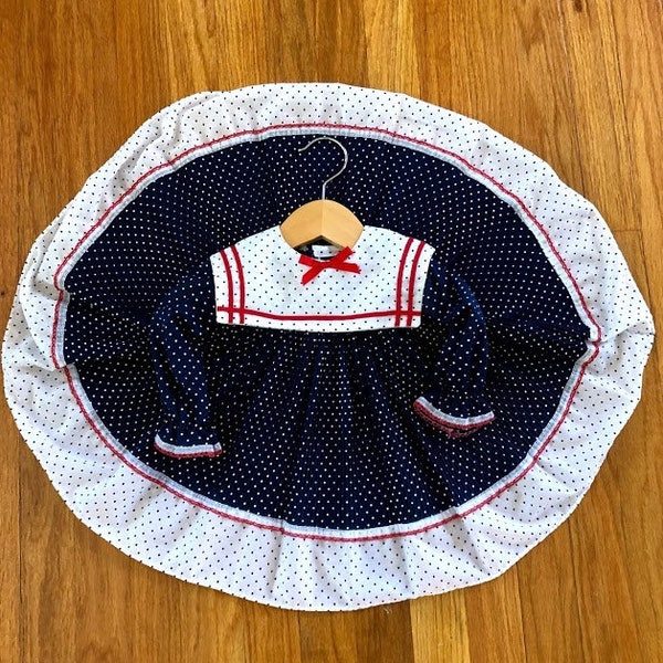Vintage Toddler Girls Navy Red and White Polka Dot Accordion Pleat Sailor Dress 12-18 Months