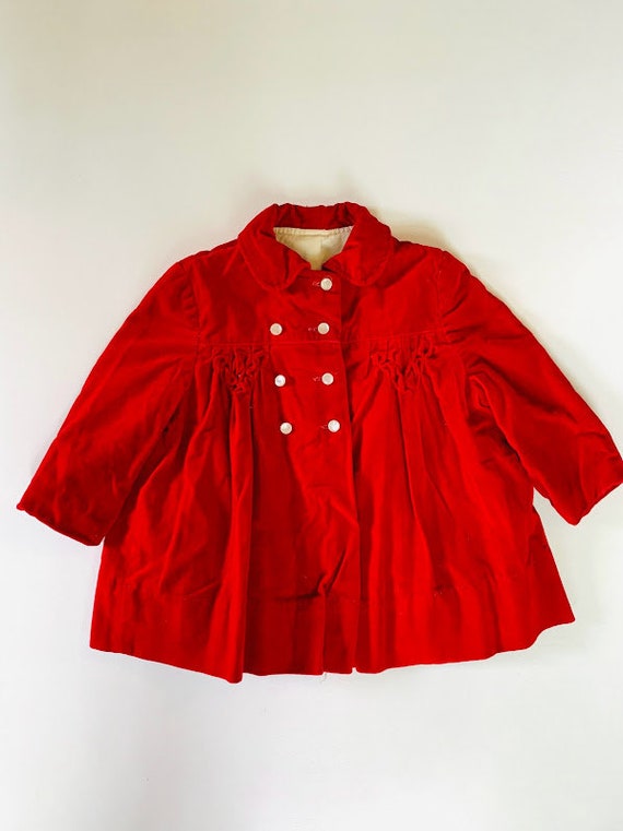 Vintage 50s 60s Toddler Girls Red Velvet Coat Chr… - image 1