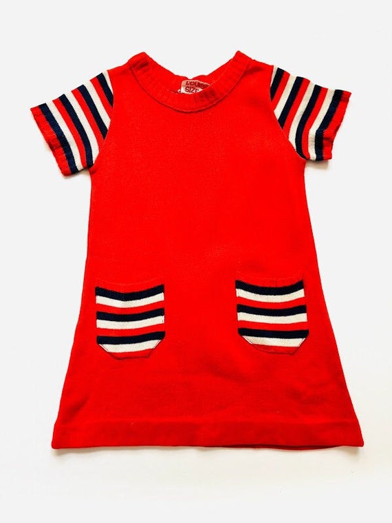 Vintage 60s 70s Girls Knit Red Navy and Cream Stri