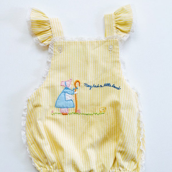 Vintage 80s Baby Girls Yellow Mary Had a Little Lamb Sunsuit Size 0-6 Months