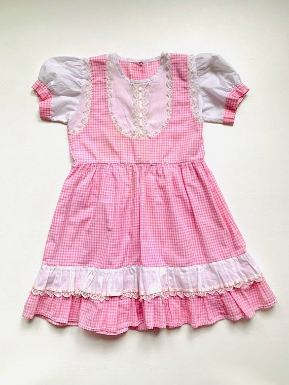 Vintage 80s Handmade Girls Pink and White Gingham… - image 1