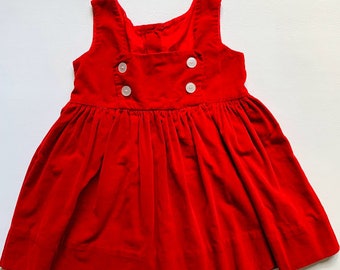 Vintage Girls Red Velvet Christmas Dress with Button Details Size