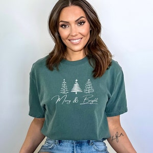 Comfort Colors®, Blue Spruce Color, Merry and Bright Tee, Christmas Season, Comfortable, Oversized Fit, Soft, Unisex, Holiday gifts