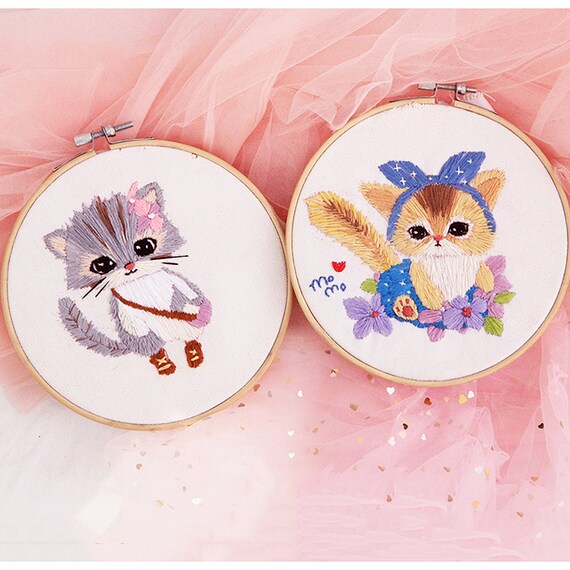 Cat Embroidery Kit Animal Embroidery Kit Beginners Etsy