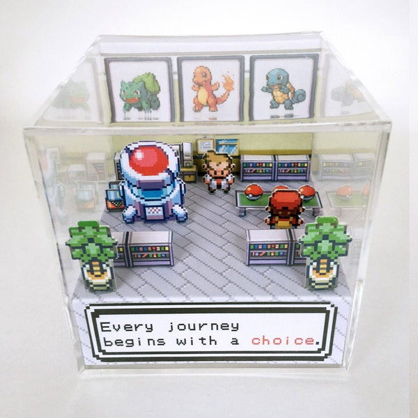 Pokemon 3D-Diorama-Würfel – Wählen Sie Ihr Starter-Pokemon – Blattgrün/Gefeuert – anpassbar mit Jungen- oder Mädchen-Trainer!