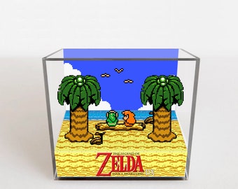 The Legend of Zelda Diorama Link's Awakening Zelda 3D Diorama Cube, (Link and Marin) Unique Retro Pixel Gamer Gift, Handmade, Zelda Link