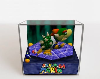 Super Mario N64 3D Diorama Cube - Bowser Fight - Unique Retro Pixel Gamer Gift, Handmade, Mario Bowser, Diorama Miniature