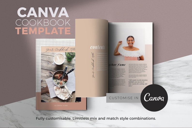 May include: A Canva cookbook template with a pink and white color scheme. The cover features a photo of a meal with a grid pattern in the background. The inside pages show a table of contents and a photo of a woman. The text "CUSTOMISE IN Canva" is visible at the bottom of the page.