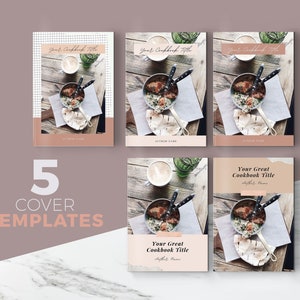 May include: Five cookbook cover templates with a rustic wooden background and a close-up of a pan of food. The text "Your Great Cookbook Title" is on the cover with the author's name below.