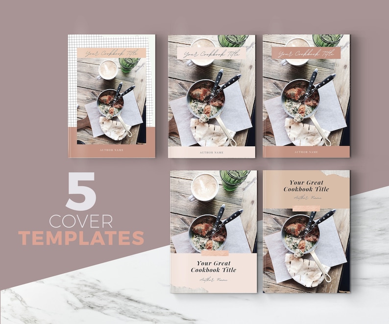May include: Five cookbook cover templates with a rustic wooden background and a close-up of a pan of food. The text "Your Great Cookbook Title" is on the cover with the author's name below.