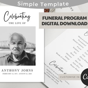 Minimalist Funeral Program Template Printable Funeral Memorial program, funeral program template for man, funeral program template for woman