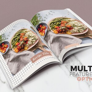 May include: Open cookbook with a recipe for salmon with green beans and rice. The recipe title is "Recipe Title" and is written in a pink box.