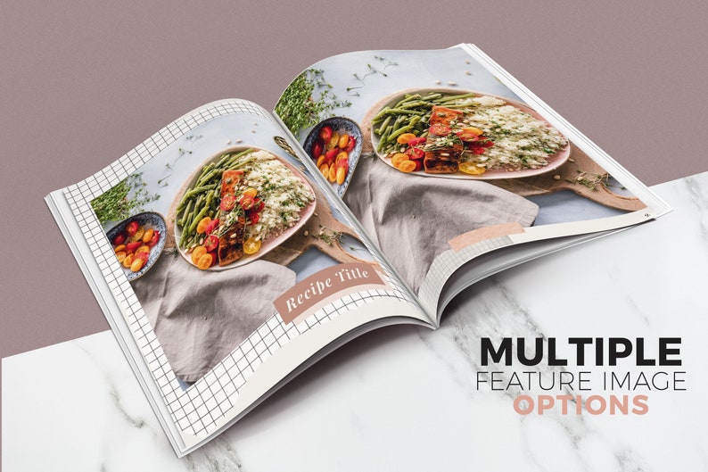 May include: Open cookbook with a recipe for salmon with green beans and rice. The recipe title is "Recipe Title" and is written in a pink box.