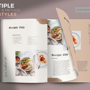 May include: A cookbook page layout template with a white background and a light brown border. The page features a recipe title, ingredients, and method sections. The image shows a bowl of food with rice, green beans, tomatoes, and a red spice. The text "Your Cookbook Title" is written in cursive at the bottom of the page.