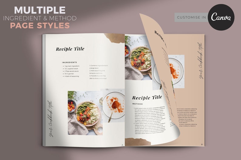 May include: A cookbook page layout template with a white background and a light brown border. The page features a recipe title, ingredients, and method sections. The image shows a bowl of food with rice, green beans, tomatoes, and a red spice. The text "Your Cookbook Title" is written in cursive at the bottom of the page.