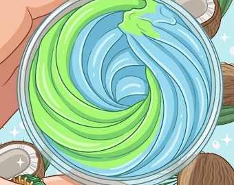 May include: A clear jar filled with blue and green swirls of cream. The jar is held by a hand with red-tipped nails and a green bracelet. The background features coconuts, palm leaves, and stars.