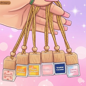 May include: A collection of six car air fresheners with wooden tops and scent labels. Flavors include Strawberry Shortcake, Fruity Pebbles, Mango Pineapple, Pink Sugar, Waikiki Coconut, and Cotton Candy. Each has a woven cord for hanging.