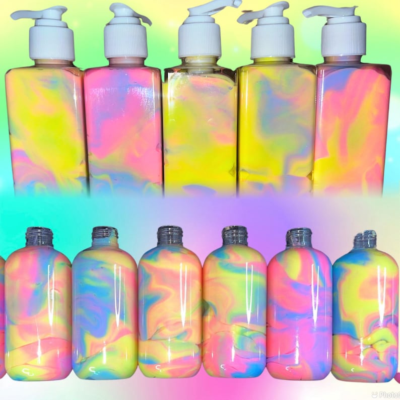 May include: Six bottles with colorful, swirled liquid inside. The top row has white pump dispensers, while the bottom row has open necks. The liquid inside is a mix of pink, yellow, blue, and green, creating a vibrant, tie-dye effect.