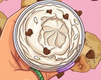 May include: An illustration of a hand holding a clear bowl filled with white cream, decorated with heart-shaped chocolate chips. The background features chocolate chip cookies and a pink backdrop.