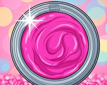 May include: A vibrant illustration of a makeup product in a silver container. The product is a bright pink color with a swirled texture. A white starburst adds a highlight. The background is a pink gradient with bokeh effects.