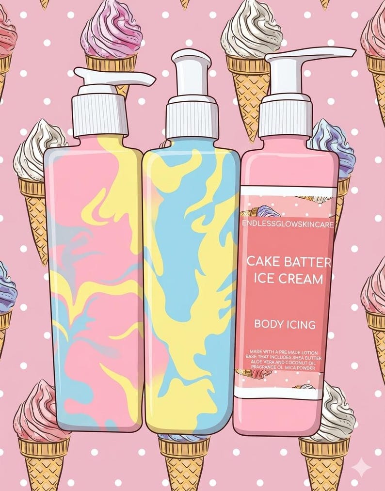 May include: Three body icing bottles with white pumps, each with a different pastel color scheme. The bottles are set against a pink background with ice cream cone illustrations and the text "CAKE BATTER ICE CREAM BODY ICING".