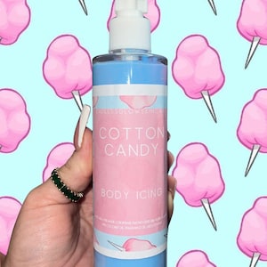 May include: A blue and pink bottle of "Cotton Candy Body Icing" with a white pump top. The label is pink with white text. The background is a light blue color with a pattern of pink cotton candy.