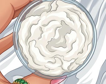 May include: A clear circular container filled with white whipped cream or thick cosmetic cream. The product has a swirled, textured surface. A gold ring with green rectangular stones is visible on a finger holding the container.