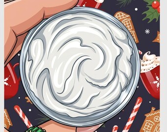 May include: A circular container filled with white whipped cream, viewed from directly above. The background features a repeating pattern of red mugs with whipped cream, candy canes, gingerbread houses, and holly on a dark background.