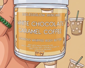 May include: A cylindrical jar of Endlessglow Skincare White Chocolate Caramel Coffee whipped body butter with a white lid, featuring a label listing ingredients like shea, mango butter, jojoba, and almond oil against a tan background.