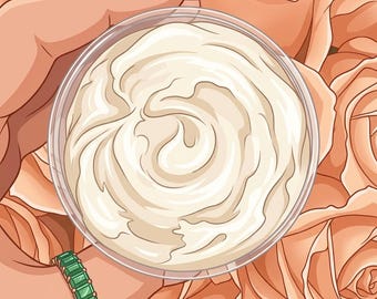 May include: A clear plastic container filled with a swirl of creamy white product, possibly a cosmetic cream or lotion. The background features a pattern of peach-colored roses, creating a soft, floral aesthetic. A green bracelet is visible on the wrist.
