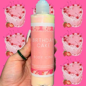 May include: A clear bottle of "Birthday Cake Body Icing" lotion with a light blue pump. The bottle has pink and white labels with text and a pink background with heart-shaped cakes. The lotion is multi-colored.
