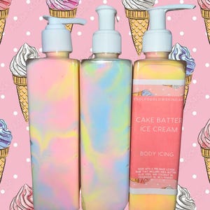 May include: Three colorful body icing bottles with pump dispensers. The bottles have a pastel swirl design and are labeled "Cake Batter Ice Cream Body Icing." The background features a pink pattern of ice cream cones and polka dots.