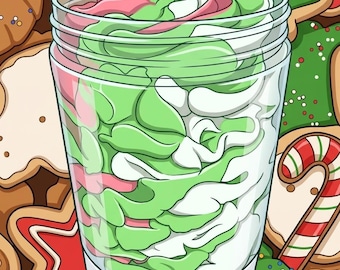 May include: A clear glass jar filled with swirled green, white, and pink frosting, set against a background of various holiday-themed cookies including star shapes, gingerbread people, and a candy cane with red and white stripes.