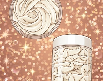 May include: A clear plastic jar filled with thick, white, whipped cream-like substance, shown from both a top-down perspective revealing a swirled texture and a side profile view showing the contents packed inside with a white screw-top lid.