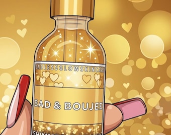 May include: A gold-colored bottle of shimmering body oil with the text "BAD & BOUJEE". The bottle has a dropper and is held by a hand with a red and pink manicure. The background is gold with hearts and circles.
