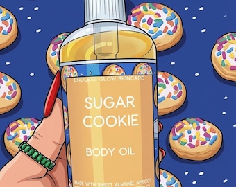 以下が含まれることがあります： ポンプディスペンサー付きの「Sugar Cookie」ボディオイルのボトル。背景はドーナツのイラストが描かれた青色です。ボトルのラベルには成分が記載されています。ストローの入ったグラスも写っています。