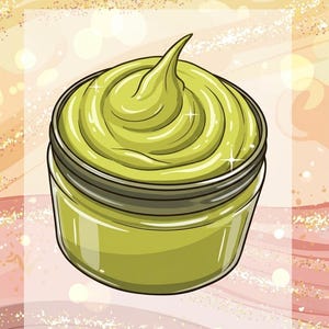 May include: An illustration of a jar filled with a light green, creamy substance. The jar is clear with a silver lid. The cream has a swirl design and a pointed tip. The background is a mix of pink, gold, and white.