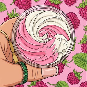 Może przedstawiać: Ilustracja przezroczystego pojemnika wypełnionego różowo-białą kremową spiralą, trzymanego w dłoni z złotymi pierścionkami i zielonym pierścionkiem. Tło to różowy wzór malin i zielonych liści.