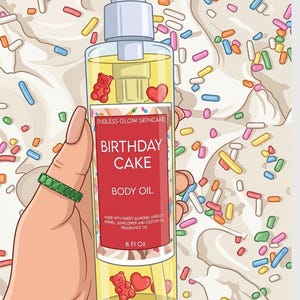 Könnte beinhalten: Eine transparente Glasflasche mit "Birthday Cake" Körperöl und einem Pumpspender. Das Etikett ist rot mit weißem Text. Die Flasche enthält eine gelbe Flüssigkeit mit einem roten Gummibärchen und einem Herz. Der Hintergrund ist weiß mit bunten Streuseln.