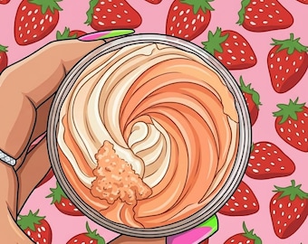 May include: A jar of cream with a swirl pattern in shades of orange and white. The jar is held against a pink background with a pattern of red strawberries. The person holding the jar has a green bracelet and pink and green nails.