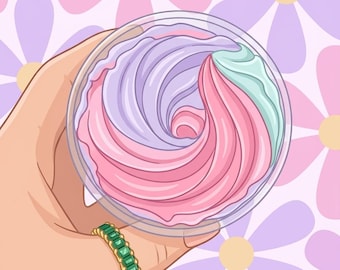 May include: A clear plastic container filled with pastel-colored swirls of pink, purple, and mint green. The container is held in a hand wearing a gold ring with green rectangular stones. The background features a floral pattern.