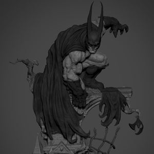 May include: A grayscale statue of Batman perched on a tombstone with the word "Dracula" inscribed on it. The statue is detailed and features a cape, a menacing expression, and a muscular physique.