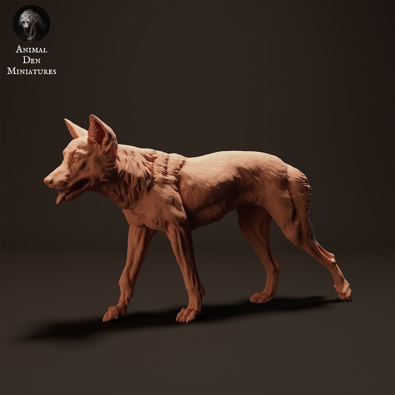 May include: A detailed, unpainted miniature of a wolf, sculpted in a realistic pose with its tongue sticking out. The miniature is made of a light brown, clay-like material.