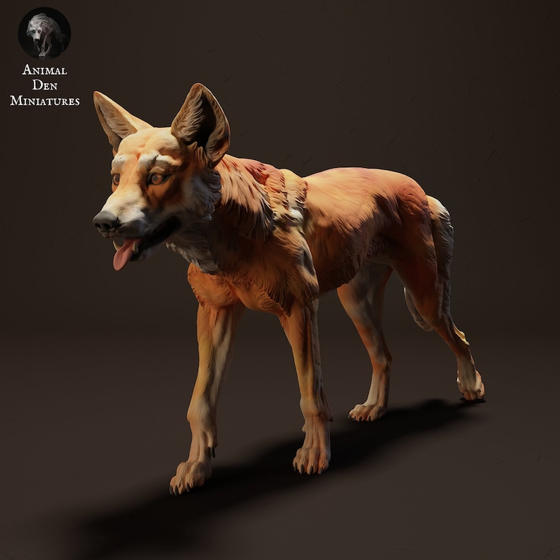May include: A detailed miniature figurine of a red fox, standing on all four legs with its mouth slightly open. The figurine is made of a light brown material and has a realistic appearance.