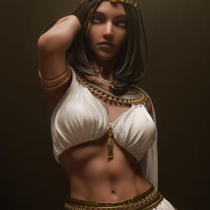 May include: A digital rendering of a woman in ancient Egyptian attire. She wears a white top and skirt with gold accents, a gold cobra headdress, and gold jewelry. Her dark hair frames her face, and she gazes off-camera.
