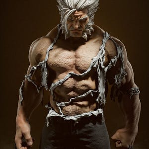 Op de afbeelding: Gedetailleerde sculptuur van een gespierde figuur met wit haar en een strenge uitdrukking. De figuur draagt ​​gescheurde kleding en heeft metalen klauwen die uit de handen steken. Het algemene thema is een superheld of stripfiguur.