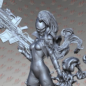 May include: A gray monochromatic resin figurine of a character with long flowing hair, wearing a fitted suit with spiked accents, holding a large futuristic rifle. The character has a skull-like shoulder detail and a dynamic, aggressive expression.