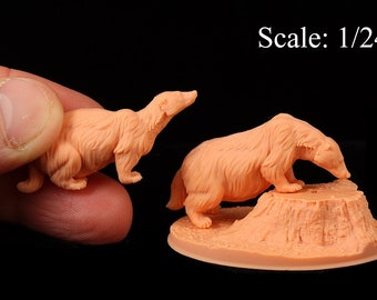 May include: Two detailed, unpainted, beige resin badger figurines in 1/24 scale. One badger is standing on a small, beige resin tree stump.