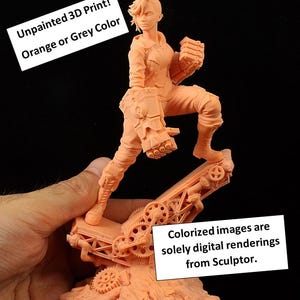 May include: Unpainted 3D printed figurine of a female character with short hair, wearing a jacket and pants, standing on a mechanical base. The figurine is in orange plastic. The text "Unpainted 3D Print! Orange or Grey Color" is visible in the image.
