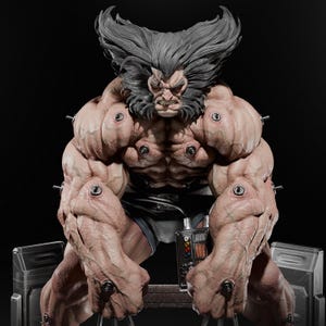 May include: A detailed sculpture of a muscular, humanoid figure with a fierce expression. The figure has gray hair, a stern face, and is wearing dark shorts. The sculpture features intricate details and a dark background.